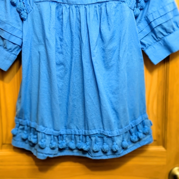 Chico's Peasant Blouse Tassel Sz 0 = Small Square Neck 3/4 Sleeve Top Blue Boho - Picture 3 of 10
